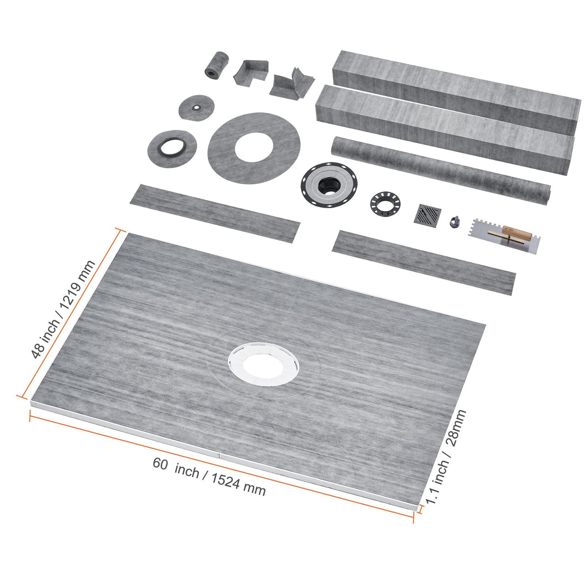 Shower Curb Kit, 60"x48" Shower Pan Kit with 2" PVC Central Flange, Waterproof Membrane, Stainless Steel Grate and Joint Sealant, Shower Pan Slope Sticks Fit for Bathroom