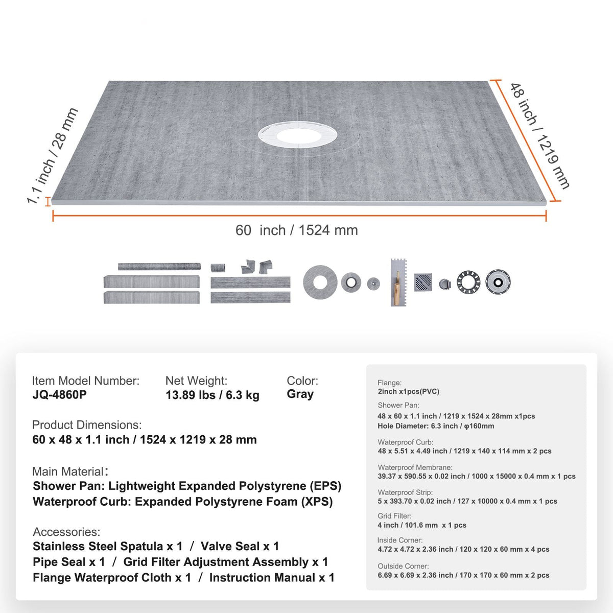 Shower Curb Kit, 60"x48" Shower Pan Kit with 2" PVC Central Flange, Waterproof Membrane, Stainless Steel Grate and Joint Sealant, Shower Pan Slope Sticks Fit for Bathroom