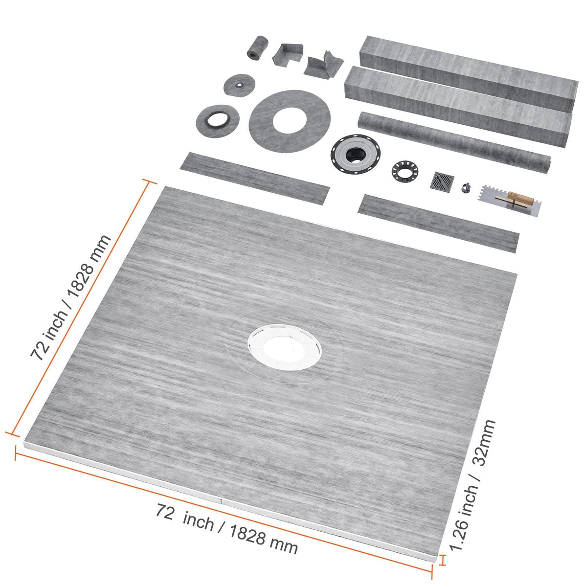 Shower Curb Kit, 72"x72" Shower Pan Kit with 2" ABS Central Flange, 4" Stainless Steel Grate, Waterproof Shower Curb & Membrane & Strip, Shower Pan Slope Sticks Fit for Bathroom