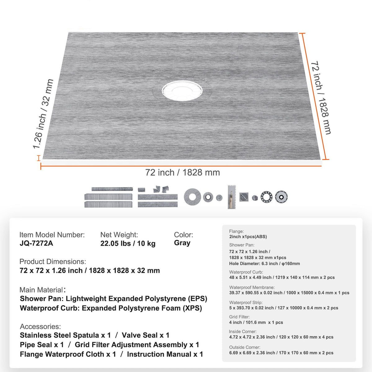 Shower Curb Kit, 72"x72" Shower Pan Kit with 2" ABS Central Flange, 4" Stainless Steel Grate, Waterproof Shower Curb & Membrane & Strip, Shower Pan Slope Sticks Fit for Bathroom