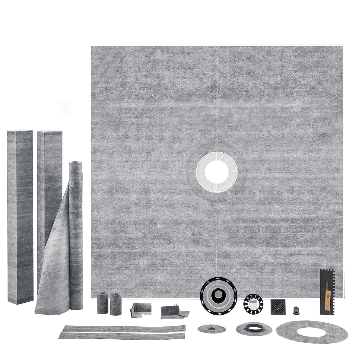 Shower Curb Kit, 72"x72" Shower Pan Kit with 2" ABS Central Flange, 4" Stainless Steel Grate, Waterproof Shower Curb & Membrane & Strip, Shower Pan Slope Sticks Fit for Bathroom