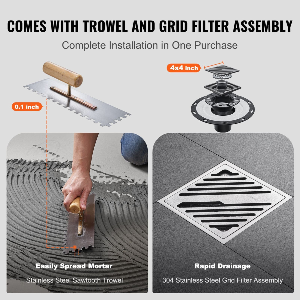 Shower Curb Kit, 72"x72" Shower Pan Kit with 2" PVC Central Flange, 4" Stainless Steel Grate, Waterproof Shower Curb & Membrane & Strip, Shower Pan Slope Sticks Fit for Bathroom