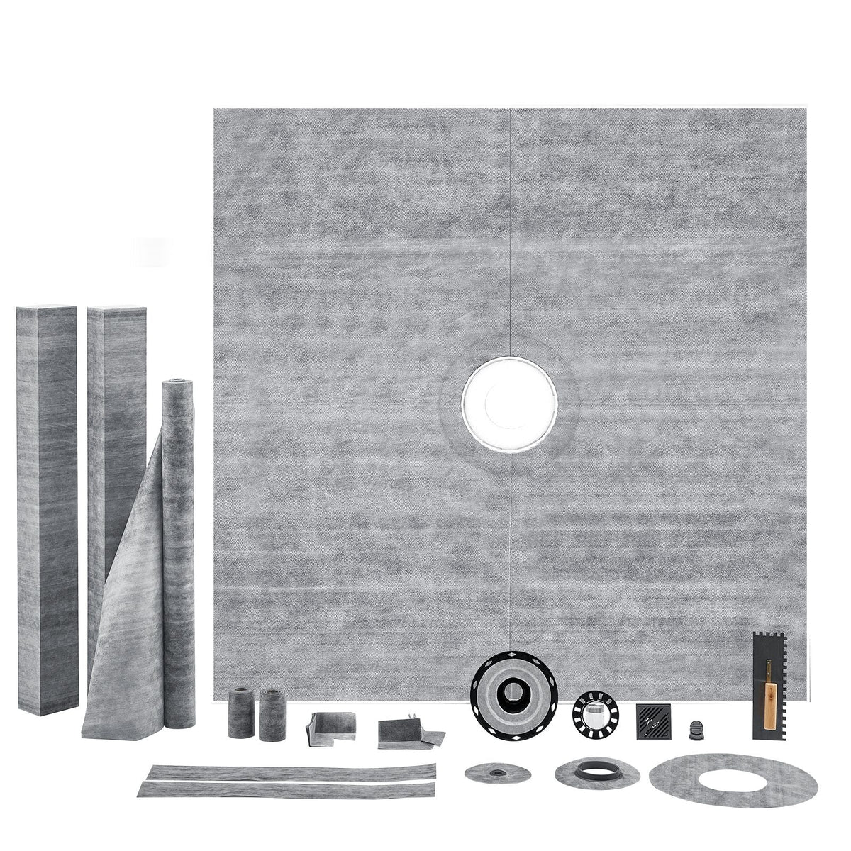 Shower Curb Kit, 72"x72" Shower Pan Kit with 2" PVC Central Flange, 4" Stainless Steel Grate, Waterproof Shower Curb & Membrane & Strip, Shower Pan Slope Sticks Fit for Bathroom