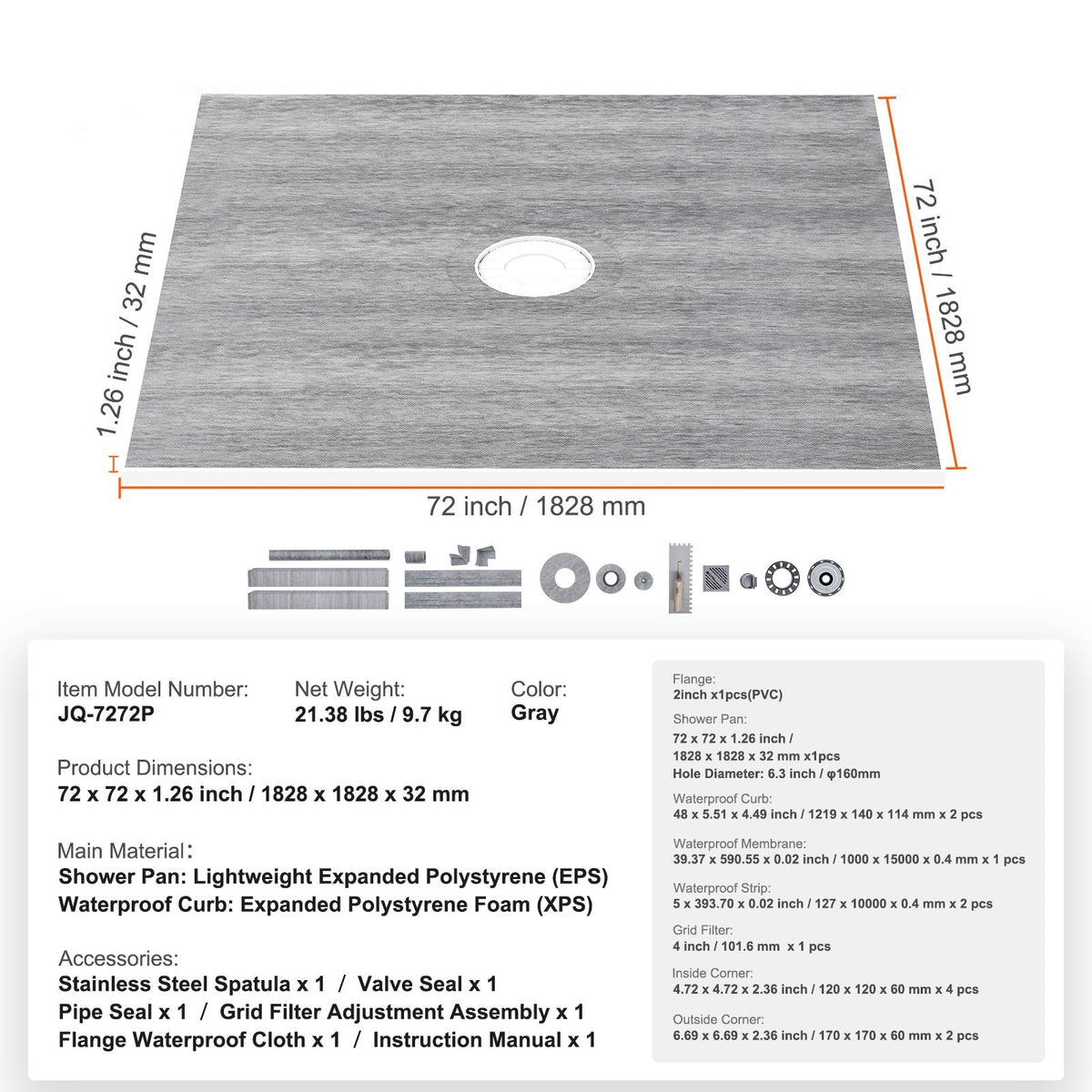 Shower Curb Kit, 72"x72" Shower Pan Kit with 2" PVC Central Flange, 4" Stainless Steel Grate, Waterproof Shower Curb & Membrane & Strip, Shower Pan Slope Sticks Fit for Bathroom