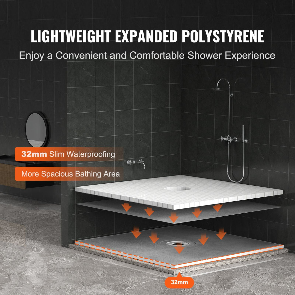Shower Curb Kit, 72"x72" Shower Pan Kit with 6.3" Central Drain, Lightweight EPS Shower Installation Kits with 2 Waterproof Cloths, Shower Pan Slope Sticks Fit for Bathroom