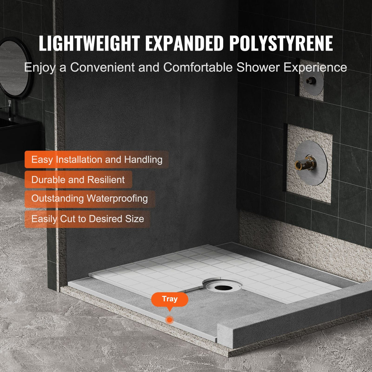 Shower Curb Kit, 72"x72" Shower Pan Kit with 6.3" Central Drain, Lightweight EPS Shower Installation Kits with 2 Waterproof Cloths, Shower Pan Slope Sticks Fit for Bathroom