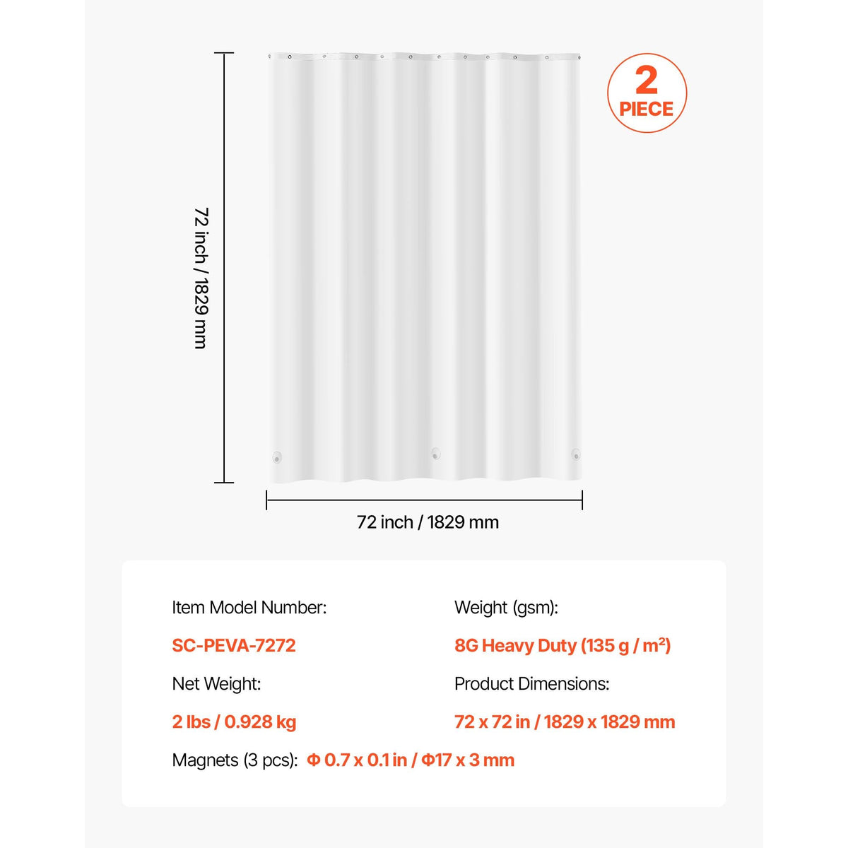 Shower Curtain Liner, 8G Heavy-Duty PEVA Shower Liner, 2-Pack Waterproof Plastic Liners with 3 Magnets and 12 Rust-Resistant Metal Grommet, for Bathroom Showers & Bath Tubs, 72 x 72 in (White)