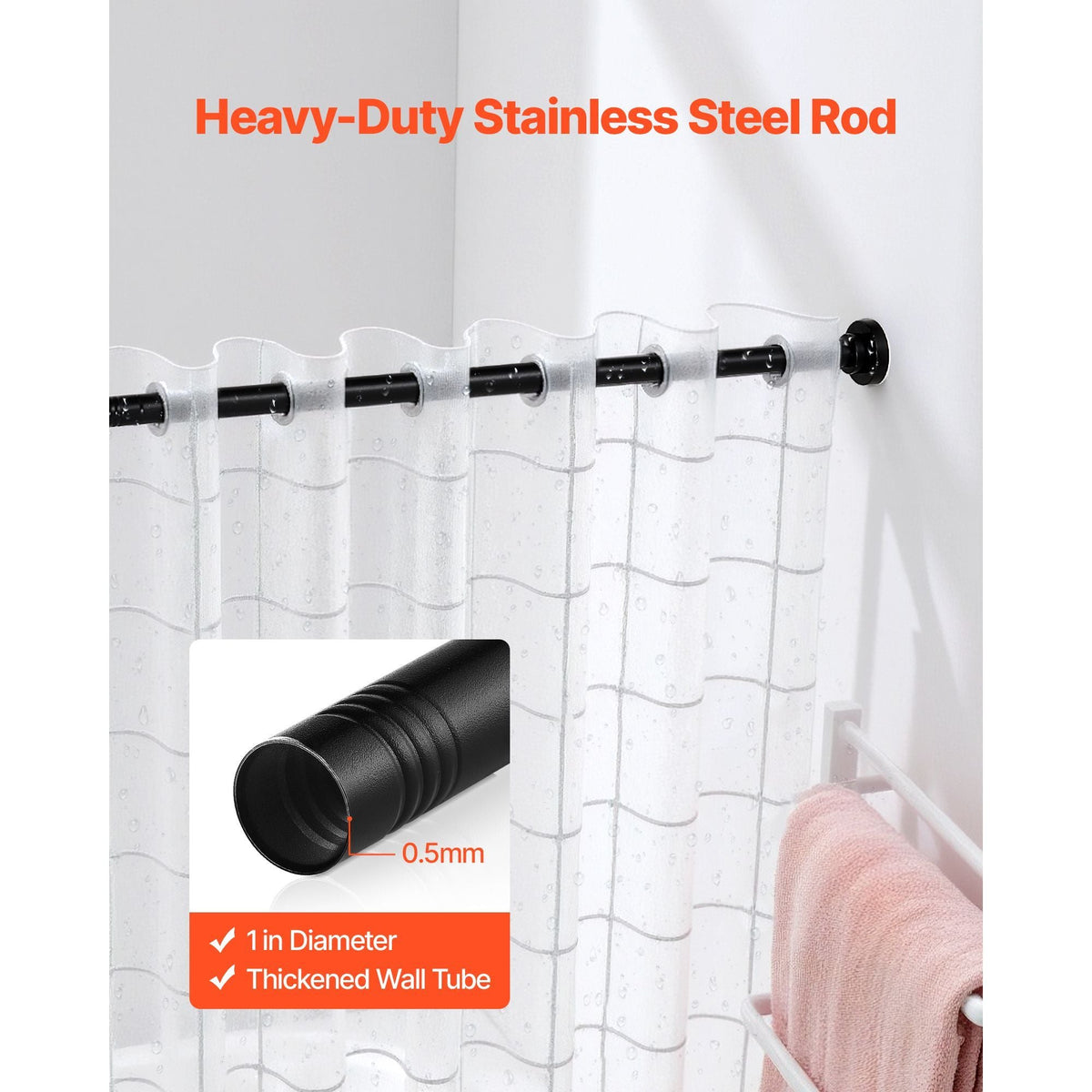 Shower Curtain Rod, 28-76 Inches, 1 Inch Diameter, Adjustable Spring Tension Stainless Steel Telescoping Rod with Holders, No Drilling Non-Slip for Bathroom, Closet, Window, Room Divider, Black