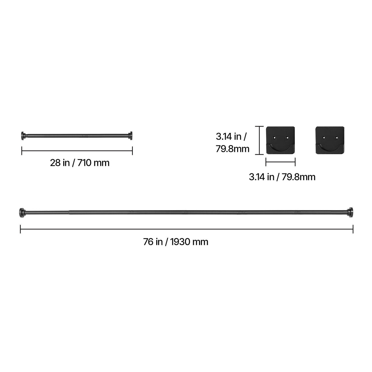 Shower Curtain Rod, 28-76 Inches, 1 Inch Diameter, Adjustable Spring Tension Stainless Steel Telescoping Rod with Holders, No Drilling Non-Slip for Bathroom, Closet, Window, Room Divider, Black