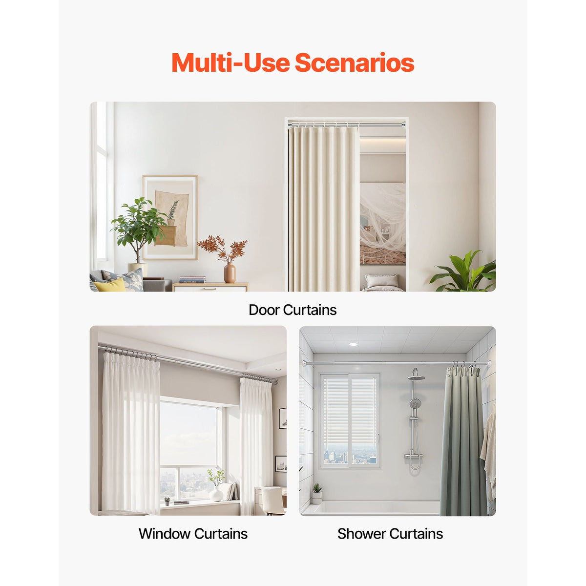 Shower Curtain Rod, 28-76 Inches, 1 Inch Diameter Adjustable Spring Tension Stainless Steel Telescoping Rod with Holders, No Drilling Non-Slip for Bathroom, Closet, Window, Room Divider, Silver