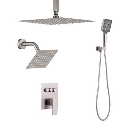 Shower Faucet Set, 12 Inch Ceiling Mount Rainfall Shower System with 6 Inch Wall Mount Head and 4 in 1 Handheld Spray, Rotatable 3-Function Dual Rain Head Brass Valve & Trim Kit, Brushed Nickel