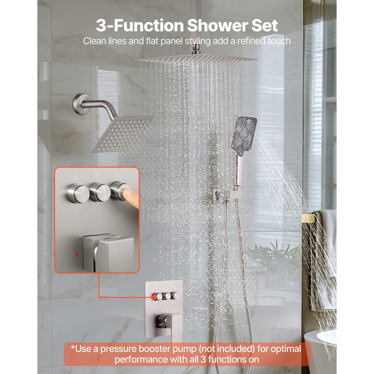 Shower Faucet Set, 12 Inch Ceiling Mount Rainfall Shower System with 6 Inch Wall Mount Head and 4 in 1 Handheld Spray, Rotatable 3-Function Dual Rain Head Brass Valve & Trim Kit, Brushed Nickel