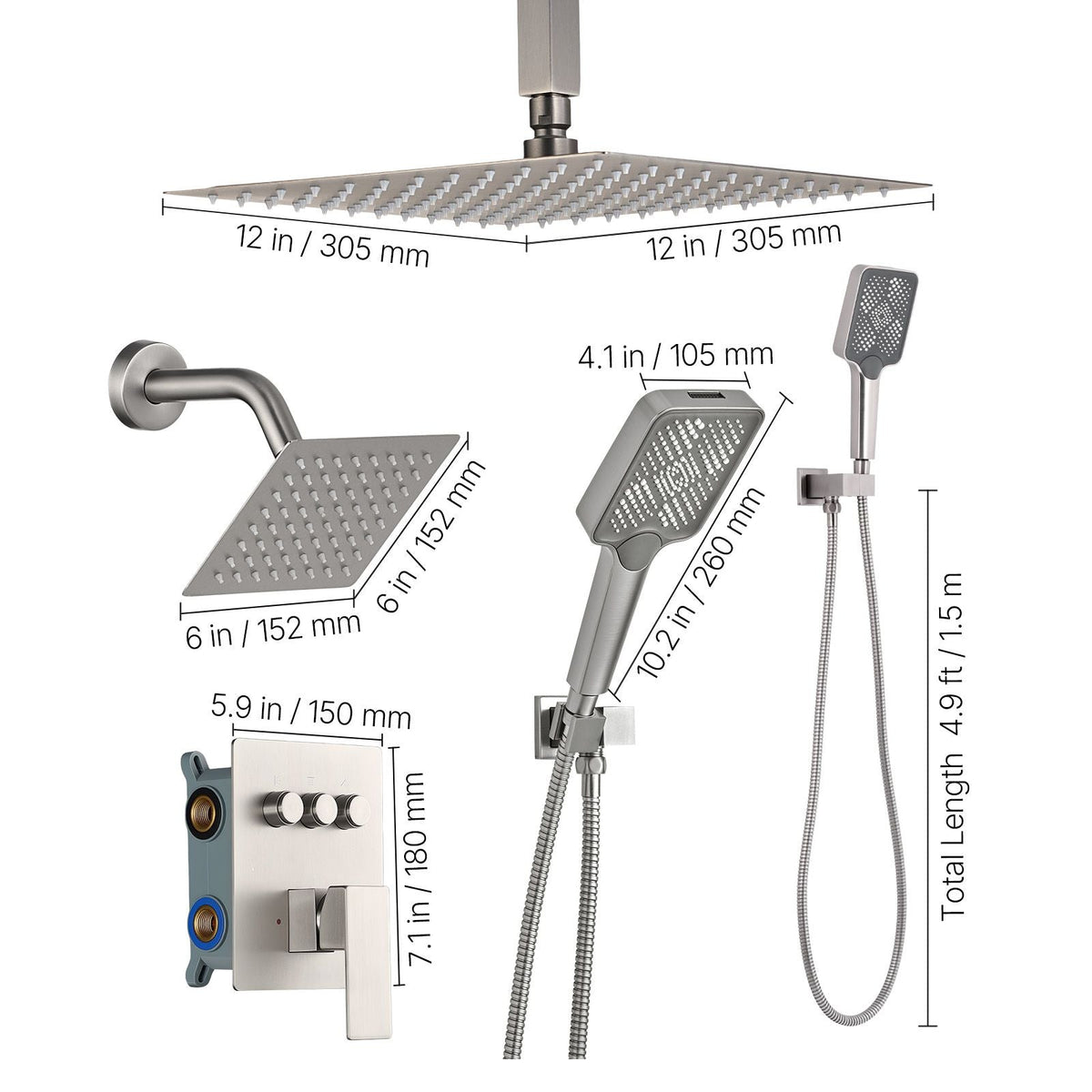 Shower Faucet Set, 12 Inch Ceiling Mount Rainfall Shower System with 6 Inch Wall Mount Head and 4 in 1 Handheld Spray, Rotatable 3-Function Dual Rain Head Brass Valve & Trim Kit, Brushed Nickel