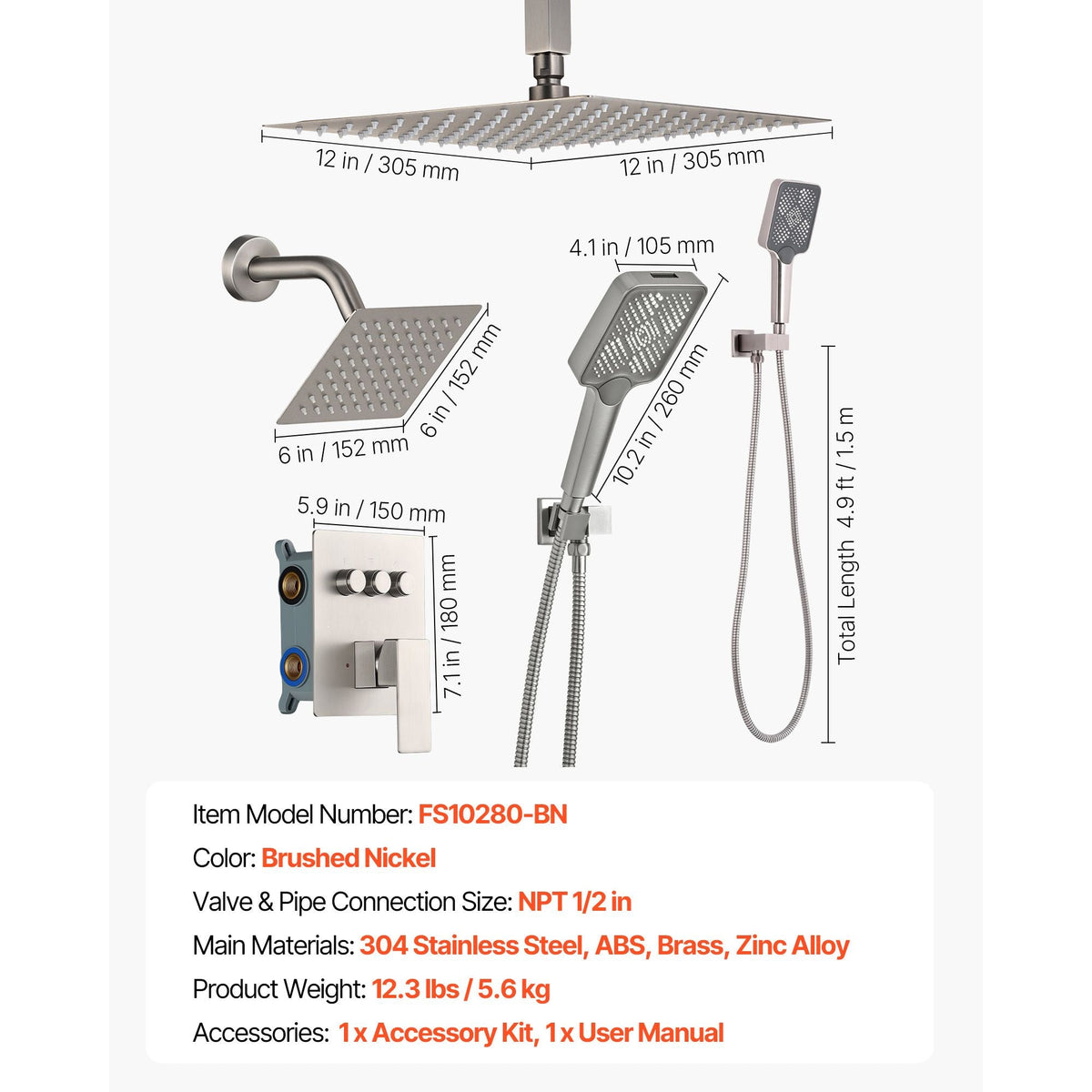 Shower Faucet Set, 12 Inch Ceiling Mount Rainfall Shower System with 6 Inch Wall Mount Head and 4 in 1 Handheld Spray, Rotatable 3-Function Dual Rain Head Brass Valve & Trim Kit, Brushed Nickel