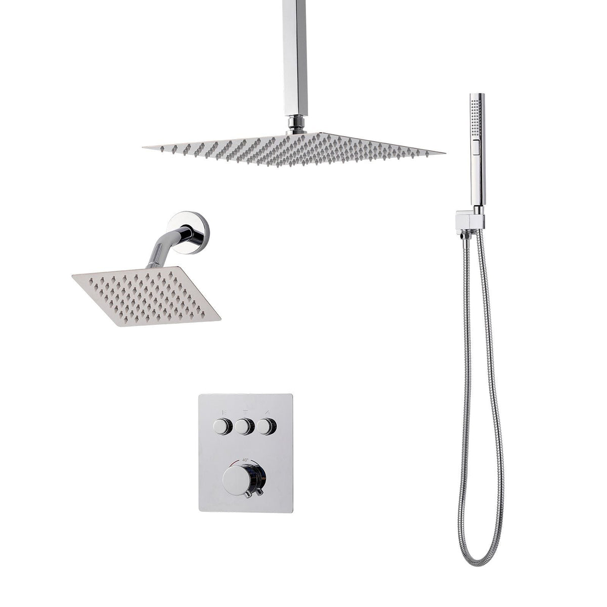 Shower Faucet Set, 12 Inch Thermostatic Ceiling Mount Rainfall Shower System with 6 Inch Wall Mount Head and 2 in 1 Handheld Spray, 3-Function Dual Rain Head Brass Valve and Trim Kit, Chrome
