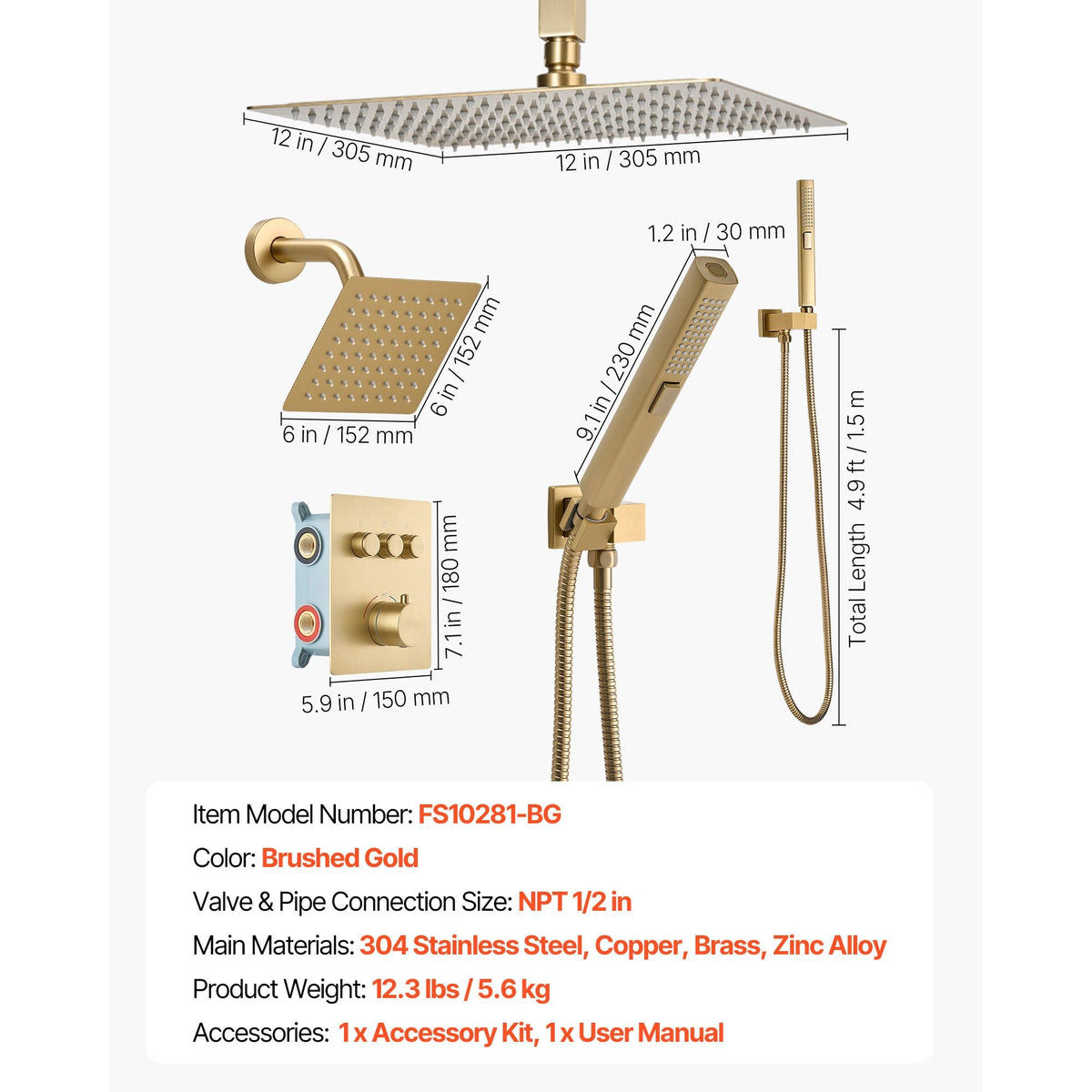 Shower Faucet Set, 12 Inch Thermostatic Ceiling Mount Rainfall Shower System with 6 Inch Wall Mount Head and 2 in 1 Handheld Spray, 3-Function Dual Rain Head Brass Valve Trim Kit, Brushed Gold