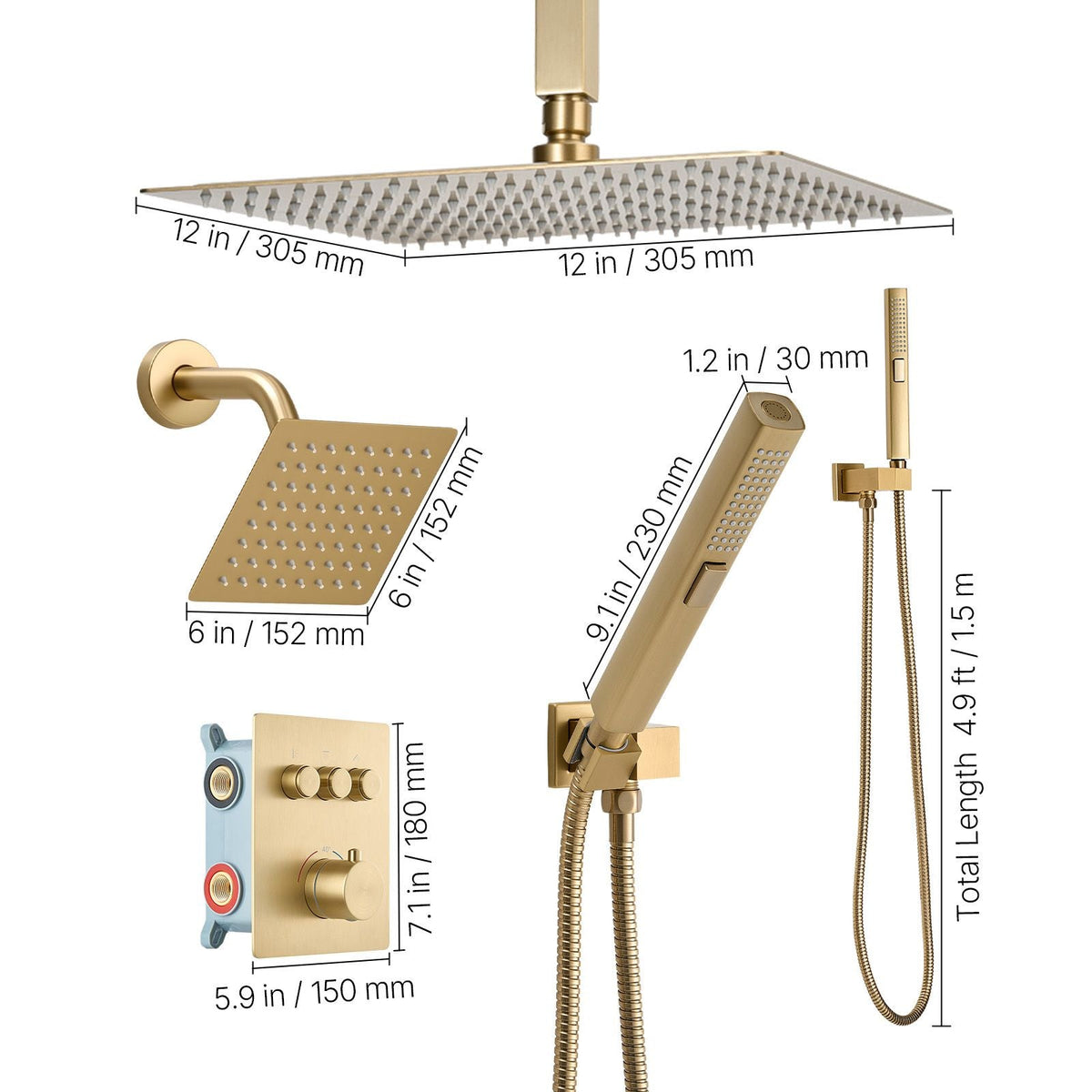 Shower Faucet Set, 12 Inch Thermostatic Ceiling Mount Rainfall Shower System with 6 Inch Wall Mount Head and 2 in 1 Handheld Spray, 3-Function Dual Rain Head Brass Valve Trim Kit, Brushed Gold