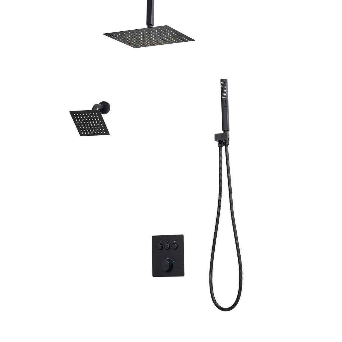 Shower Faucet Set, 12 Inch Thermostatic Ceiling Mount Rainfall Shower System with 6 Inch Wall Mount Head and 2 in 1 Handheld Spray, 3-Function Dual Rain Head Brass Valve & Trim Kit, Matte Black