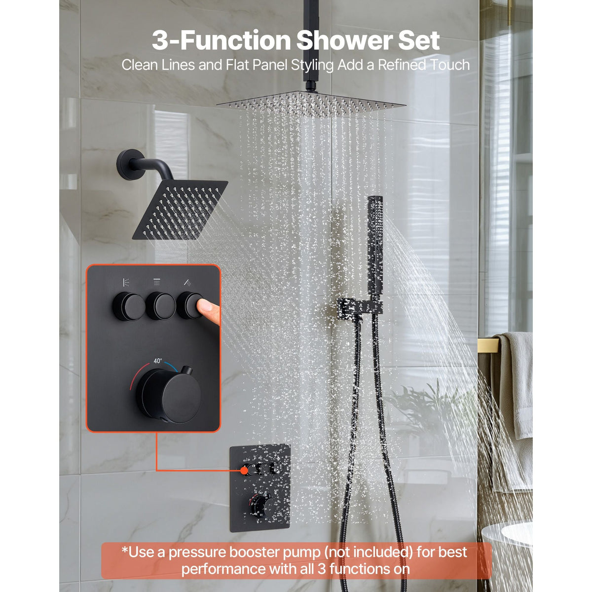 Shower Faucet Set, 12 Inch Thermostatic Ceiling Mount Rainfall Shower System with 6 Inch Wall Mount Head and 2 in 1 Handheld Spray, 3-Function Dual Rain Head Brass Valve & Trim Kit, Matte Black