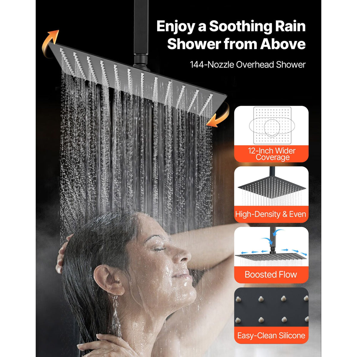 Shower Faucet Set, 12 Inch Thermostatic Ceiling Mount Rainfall Shower System with 6 Inch Wall Mount Head and 2 in 1 Handheld Spray, 3-Function Dual Rain Head Brass Valve & Trim Kit, Matte Black