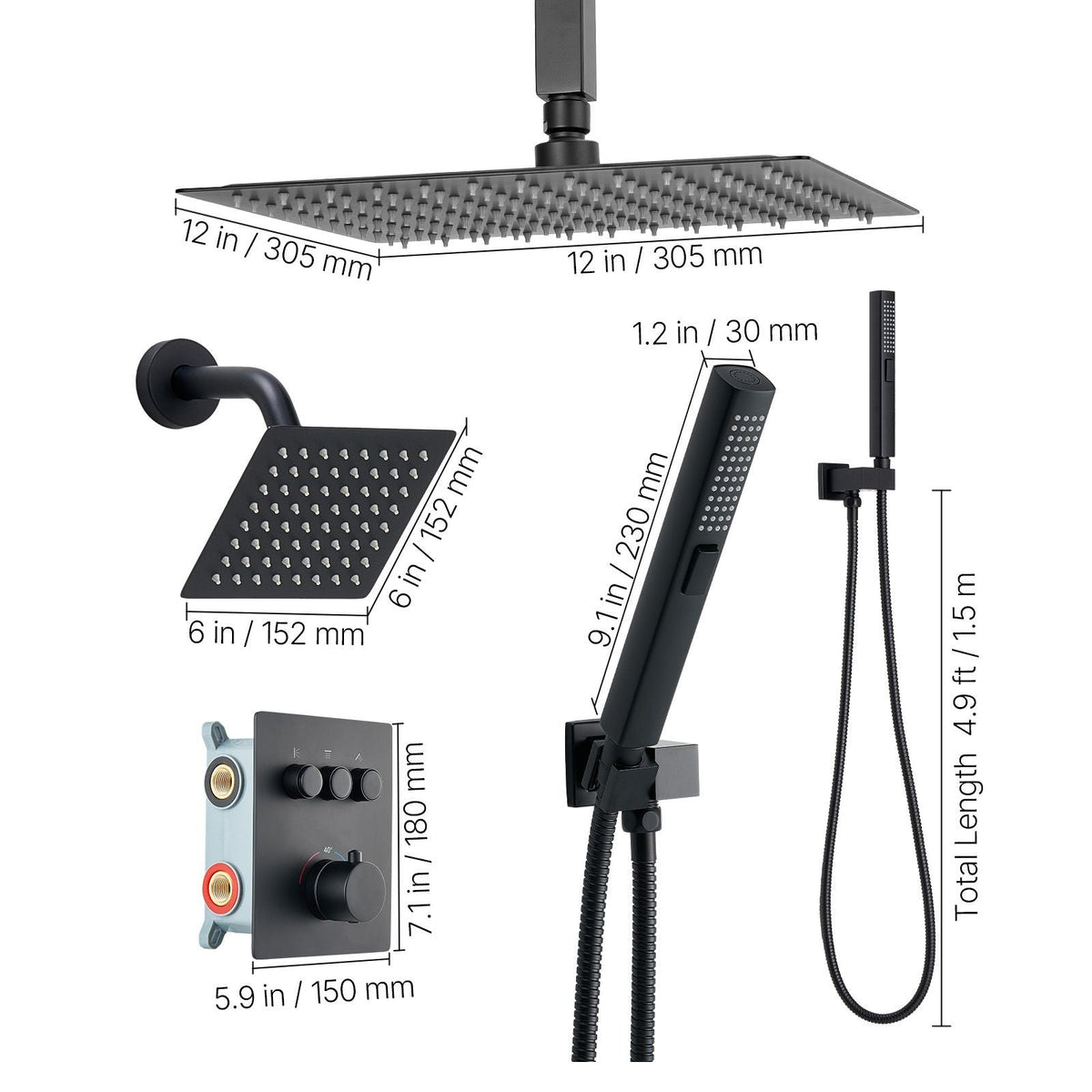 Shower Faucet Set, 12 Inch Thermostatic Ceiling Mount Rainfall Shower System with 6 Inch Wall Mount Head and 2 in 1 Handheld Spray, 3-Function Dual Rain Head Brass Valve & Trim Kit, Matte Black