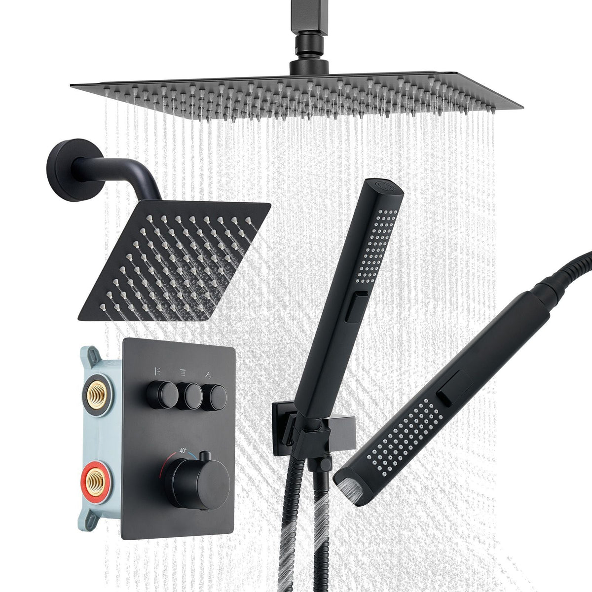 Shower Faucet Set, 12 Inch Thermostatic Ceiling Mount Rainfall Shower System with 6 Inch Wall Mount Head and 2 in 1 Handheld Spray, 3-Function Dual Rain Head Brass Valve & Trim Kit, Matte Black