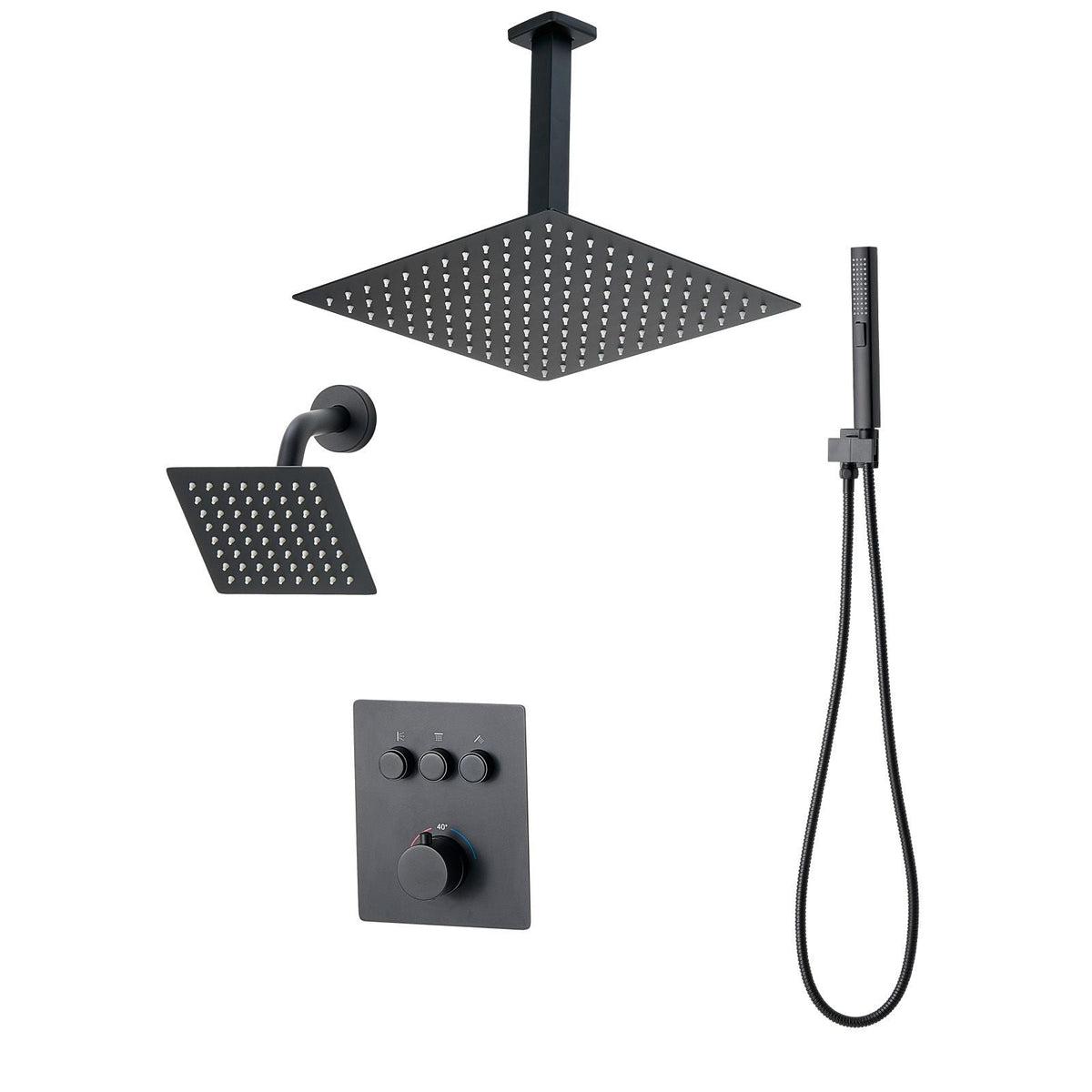 Shower Faucet Set, 12 Inch Thermostatic Ceiling Mount Rainfall Shower System with 6 Inch Wall Mount Head and 2 in 1 Handheld Spray, 3-Function Dual Rain Head Brass Valve & Trim Kit, Matte Black