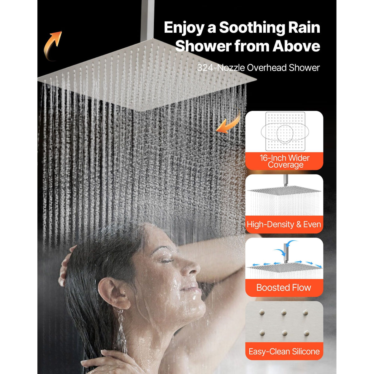 Shower Faucet Set, 16 Inch Thermostatic Ceiling Mount Rainfall Shower System with 6 Inch Wall Mount Head, 6 Body Jets and Handheld Spray, Dual Rain Head Brass Valve and Trim Kit, Brushed Nickel