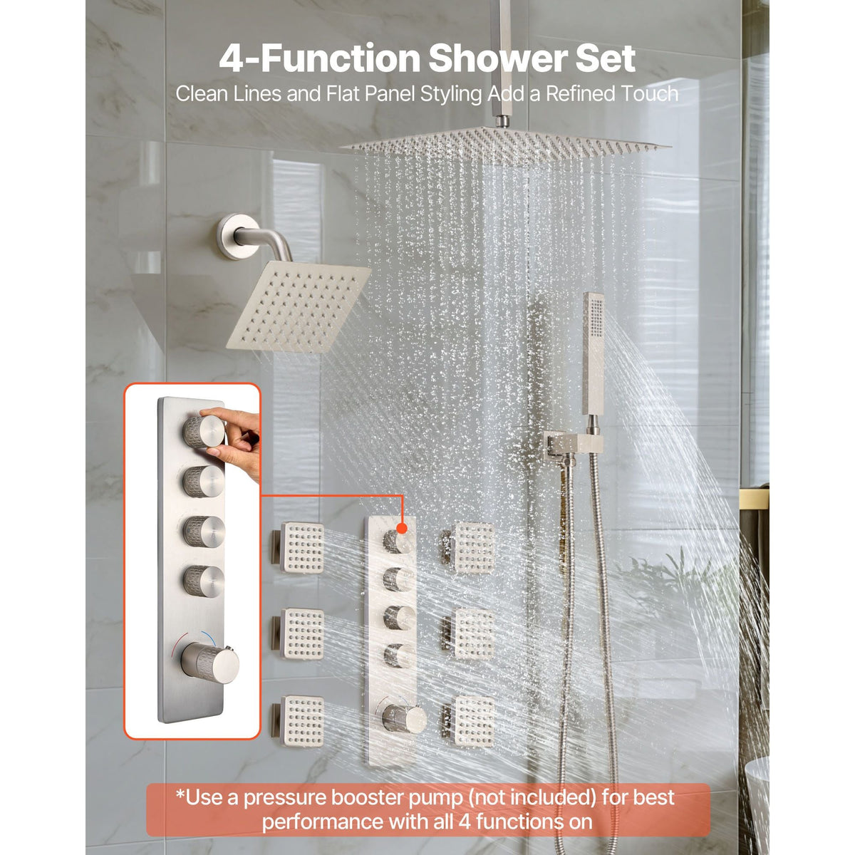 Shower Faucet Set, 16 Inch Thermostatic Ceiling Mount Rainfall Shower System with 6 Inch Wall Mount Head, 6 Body Jets and Handheld Spray, Dual Rain Head Brass Valve and Trim Kit, Brushed Nickel