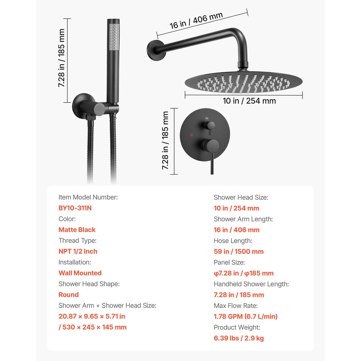 Shower Faucet Set, Rainfall Bathroom Shower System with 10-Inch Round Rain Shower Head and Handheld Spray, Wall Mounted Bath Fixtures with Brass Valve and Trim Kit, Matte Black