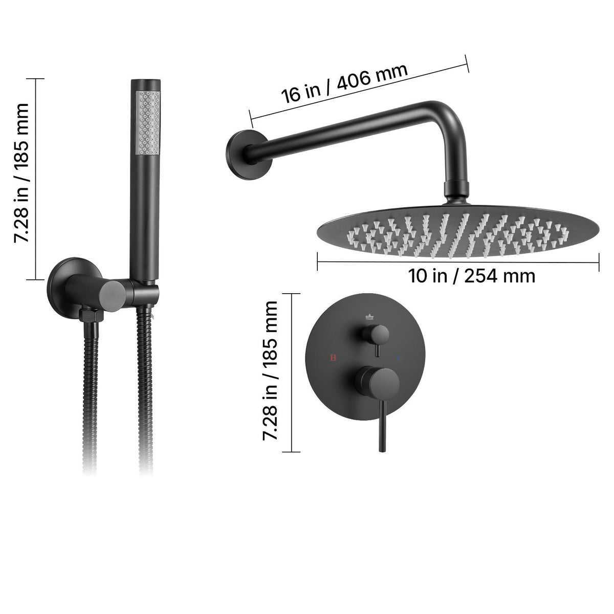 Shower Faucet Set, Rainfall Bathroom Shower System with 10-Inch Round Rain Shower Head and Handheld Spray, Wall Mounted Bath Fixtures with Brass Valve and Trim Kit, Matte Black