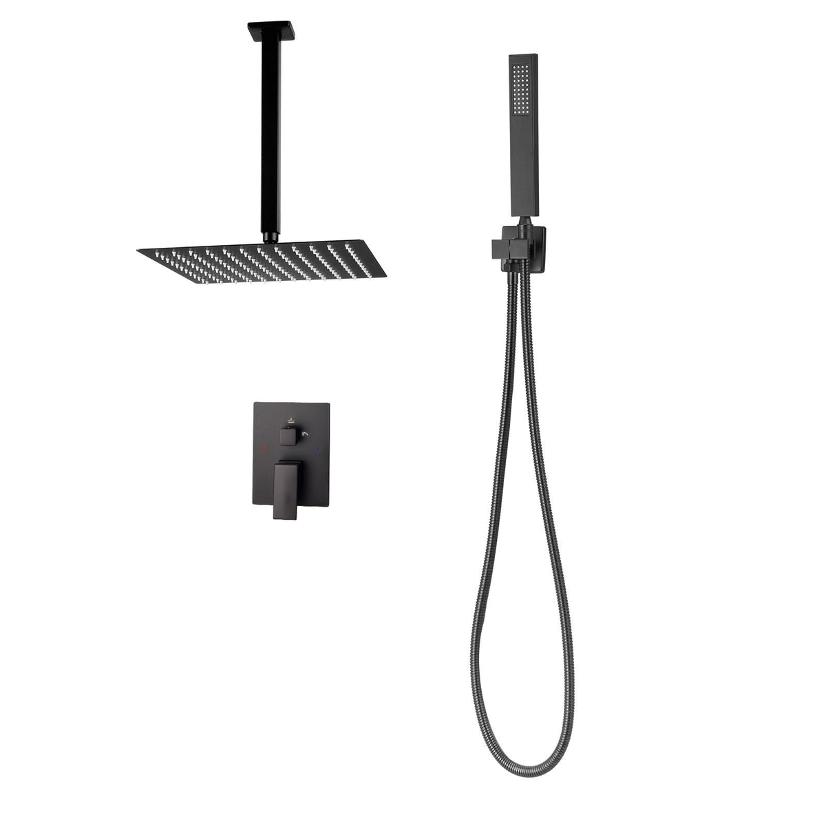 Shower Faucet Set, Rainfall Bathroom Shower System with 10-Inch Square Rain Shower Head and Handheld Spray, Ceiling Mount Bath Fixtures with Brass Valve and Trim Kit, Matte Black