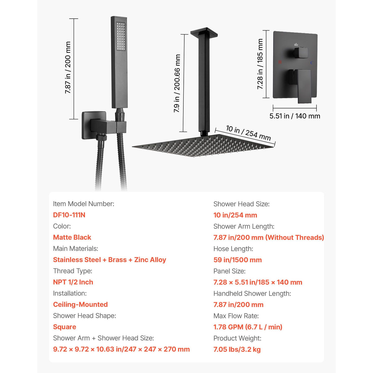 Shower Faucet Set, Rainfall Bathroom Shower System with 10-Inch Square Rain Shower Head and Handheld Spray, Ceiling Mount Bath Fixtures with Brass Valve and Trim Kit, Matte Black