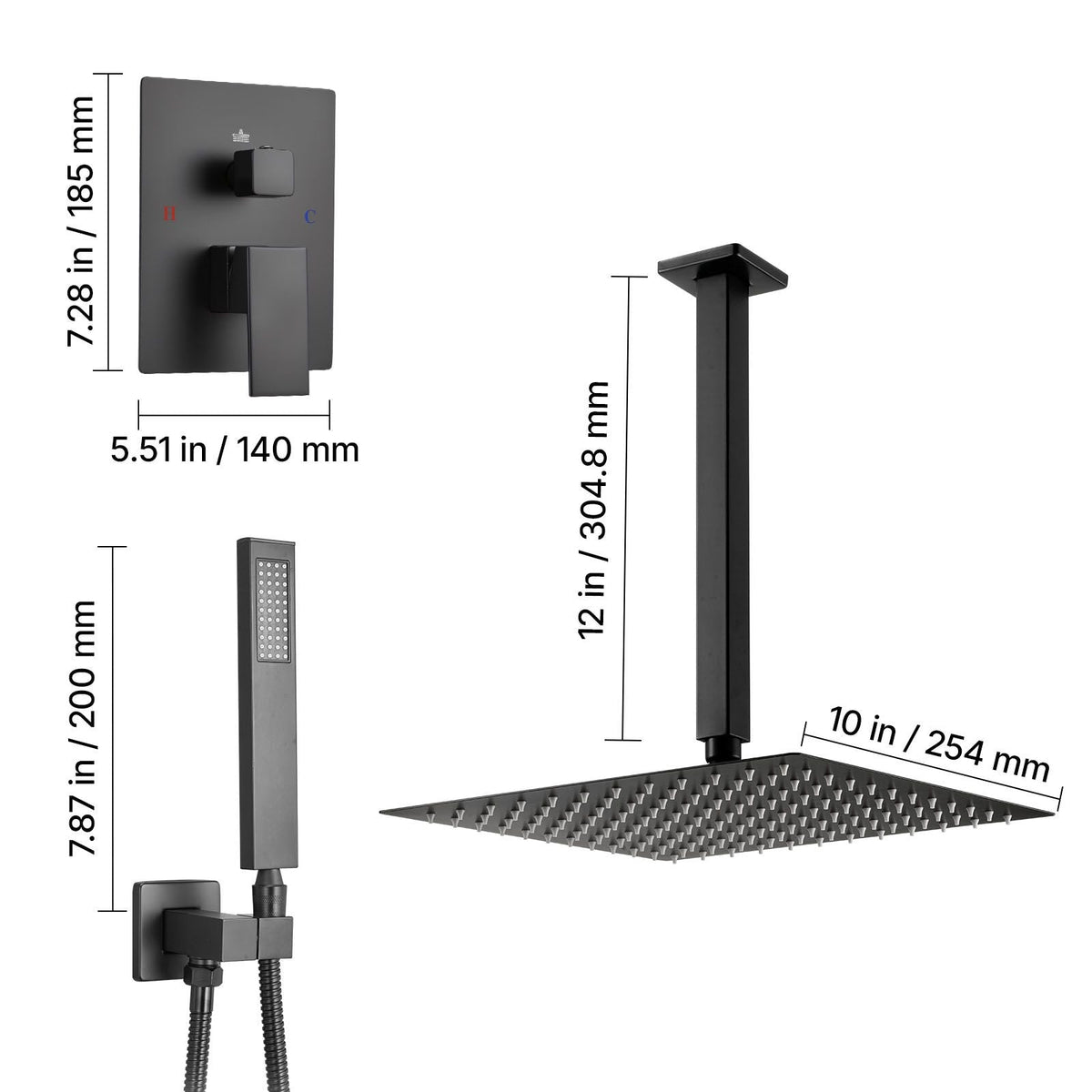 Shower Faucet Set, Rainfall Bathroom Shower System with 10-Inch Square Rain Shower Head and Handheld Spray, Ceiling Mount Bath Fixtures with Brass Valve and Trim Kit, Matte Black