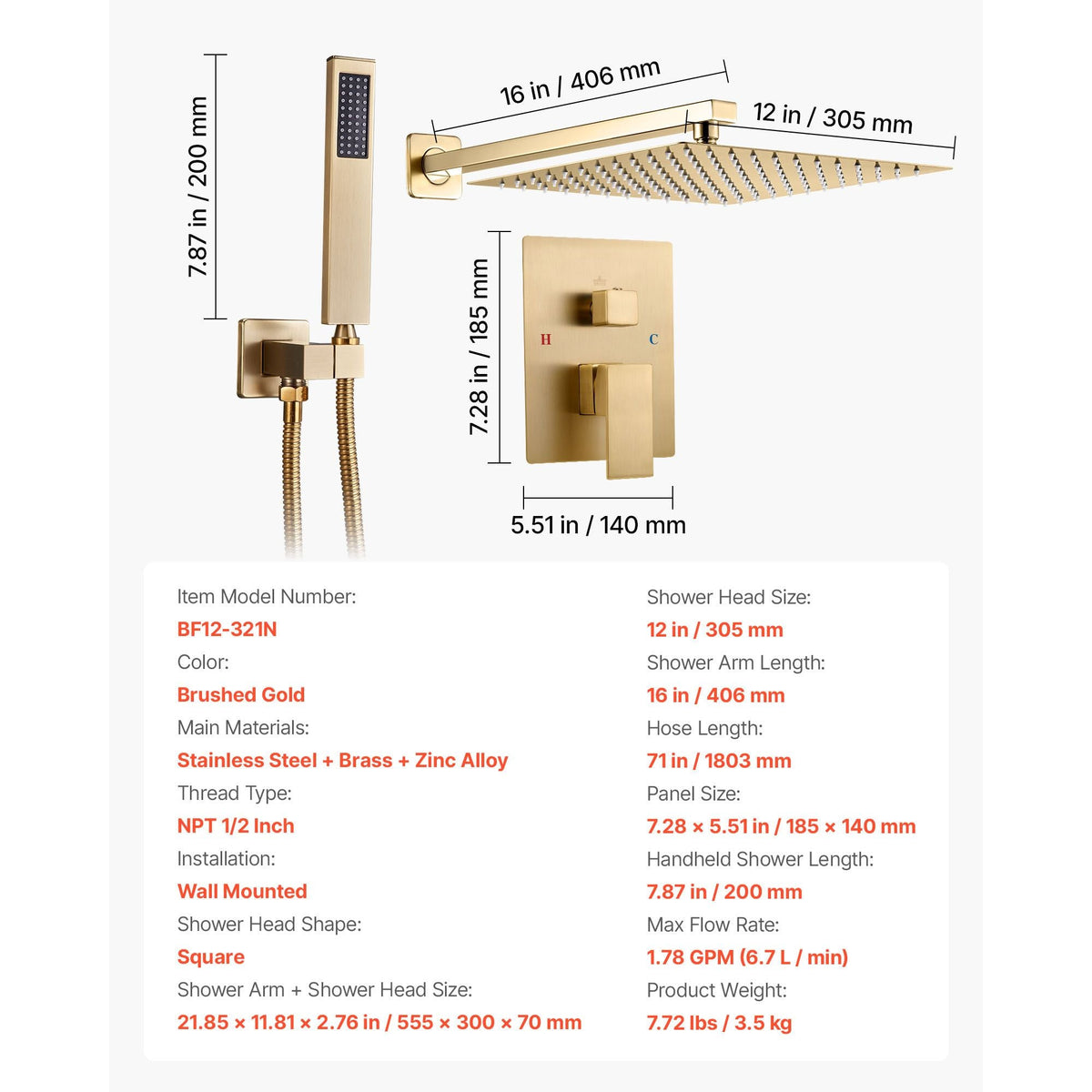 Shower Faucet Set, Rainfall Bathroom Shower System with 12-Inch Square Rain Shower Head and Handheld Spray, Wall Mounted Bath Fixtures with Brass Valve and Trim Kit, Brushed Gold