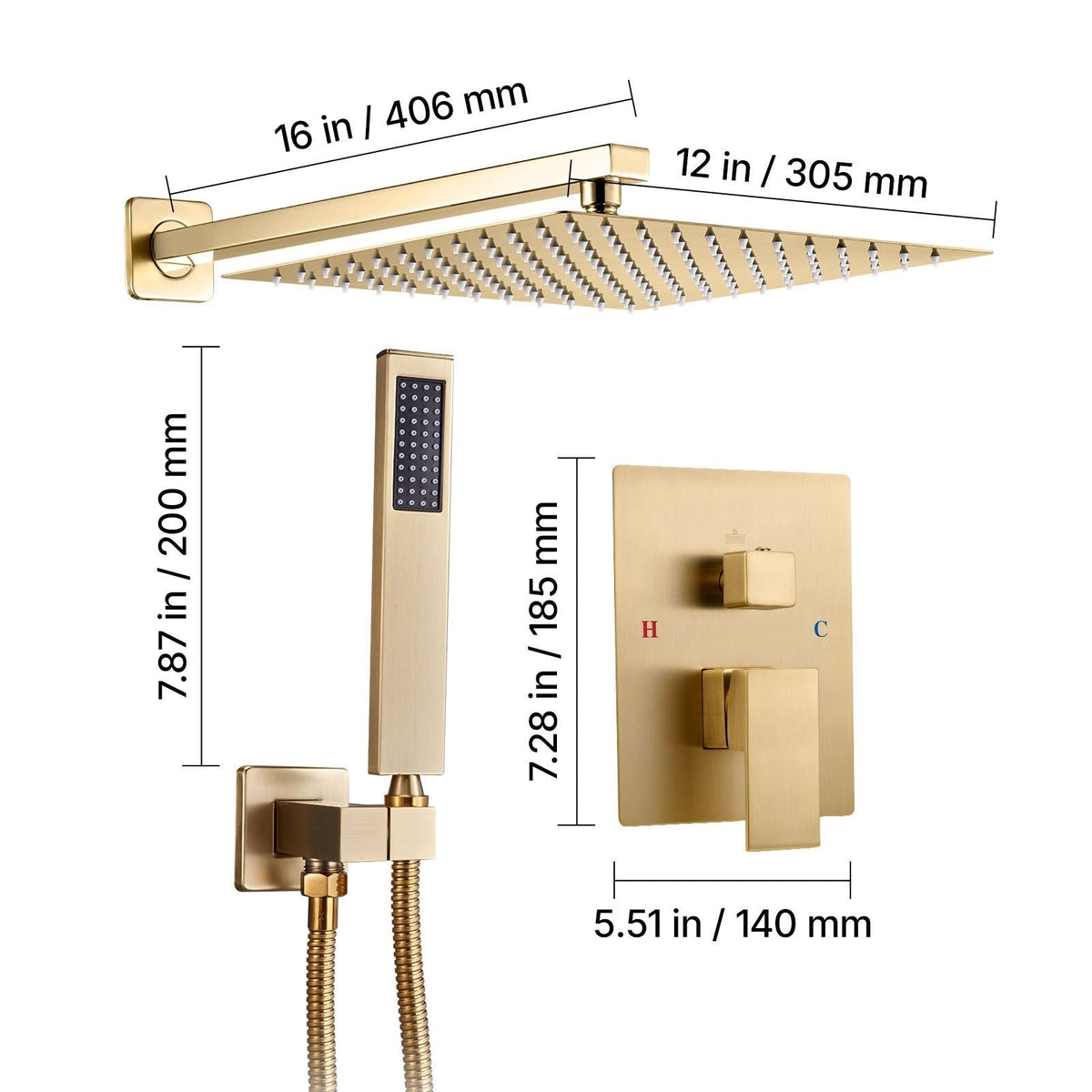 Shower Faucet Set, Rainfall Bathroom Shower System with 12-Inch Square Rain Shower Head and Handheld Spray, Wall Mounted Bath Fixtures with Brass Valve and Trim Kit, Brushed Gold