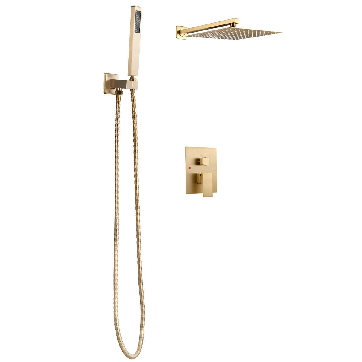 Shower Faucet Set, Rainfall Bathroom Shower System with 12-Inch Square Rain Shower Head and Handheld Spray, Wall Mounted Bath Fixtures with Brass Valve and Trim Kit, Brushed Gold