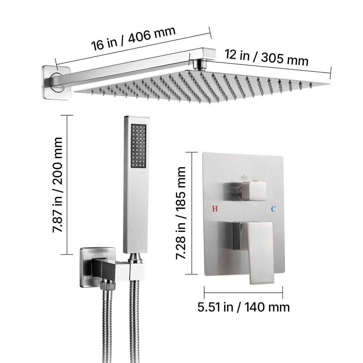 Shower Faucet Set, Rainfall Bathroom Shower System with 12-Inch Square Rain Shower Head and Handheld Spray, Wall Mounted Bath Fixtures with Brass Valve and Trim Kit, Brushed Nickel