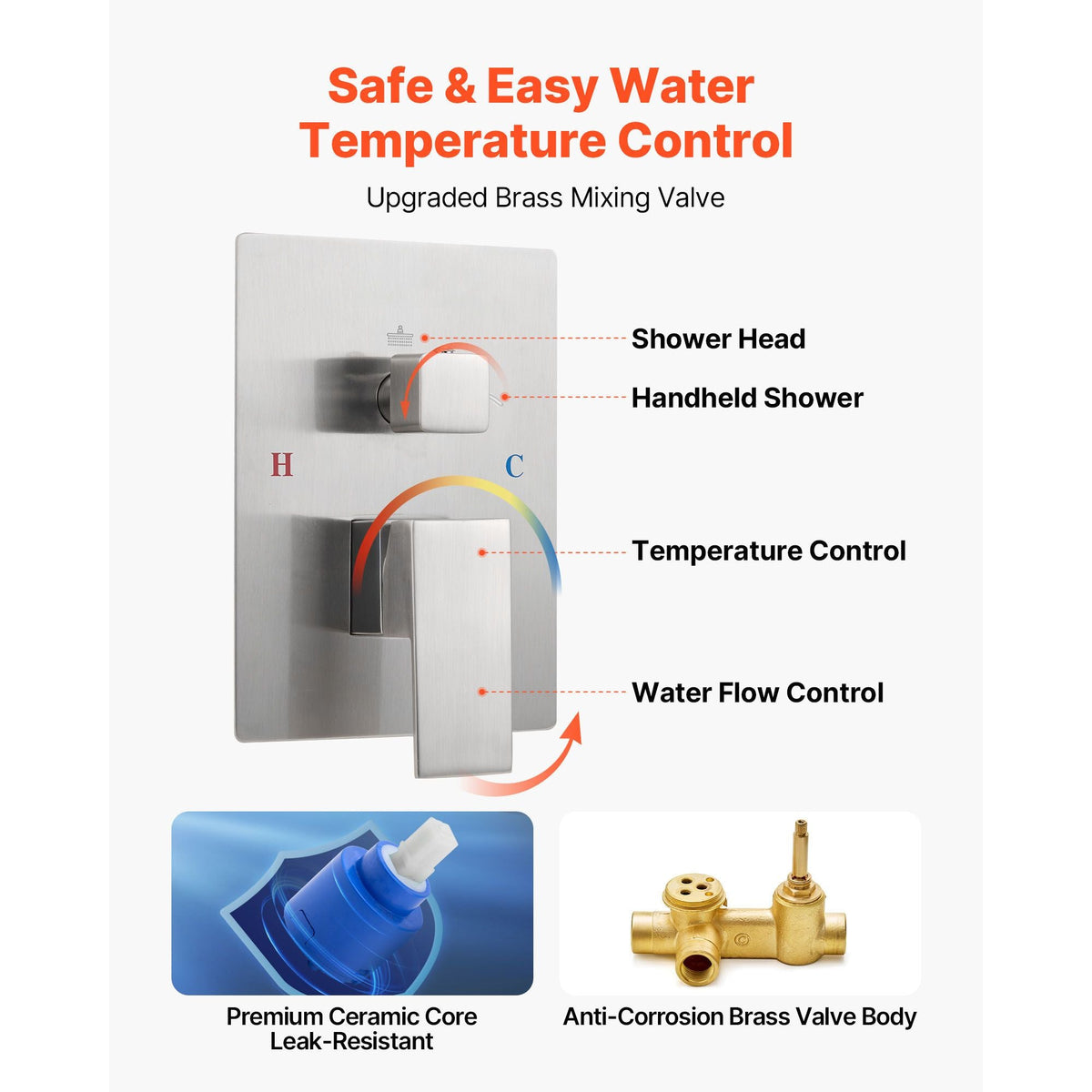 Shower Faucet Set, Rainfall Bathroom Shower System with 12-Inch Square Rain Shower Head and Handheld Spray, Wall Mounted Bath Fixtures with Brass Valve and Trim Kit, Brushed Nickel