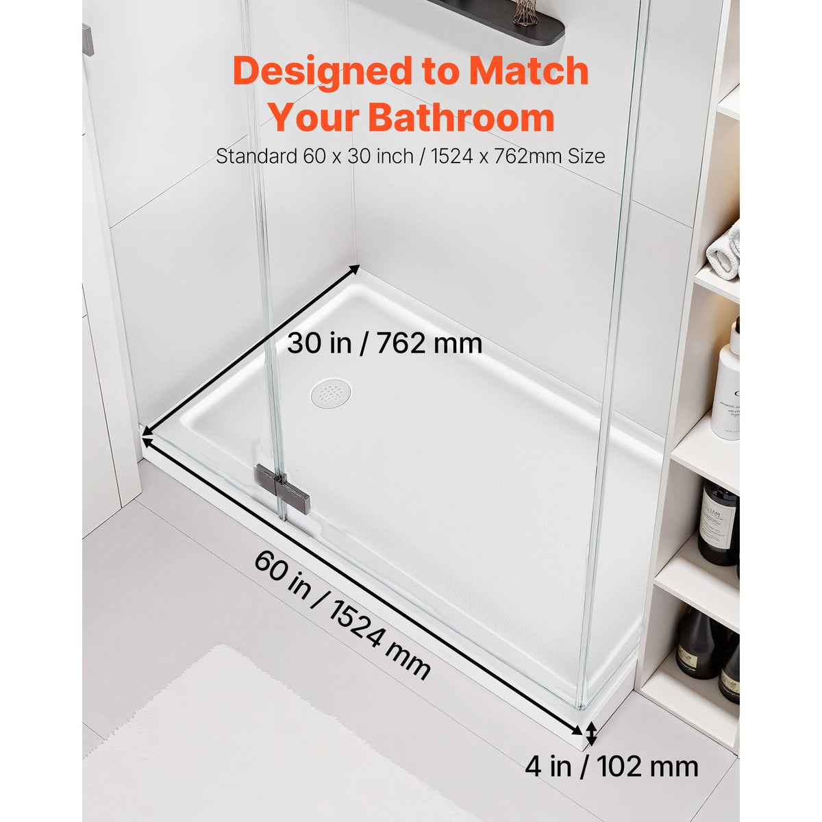 Shower Pan, 60″ L x 30″ W Single Threshold Shower Base, Rectangle Acrylic & PVC Showering Base in White, Slip-Resistant Showering Pan Bases with Drain & Cover for Bathroom, Left Drain Location