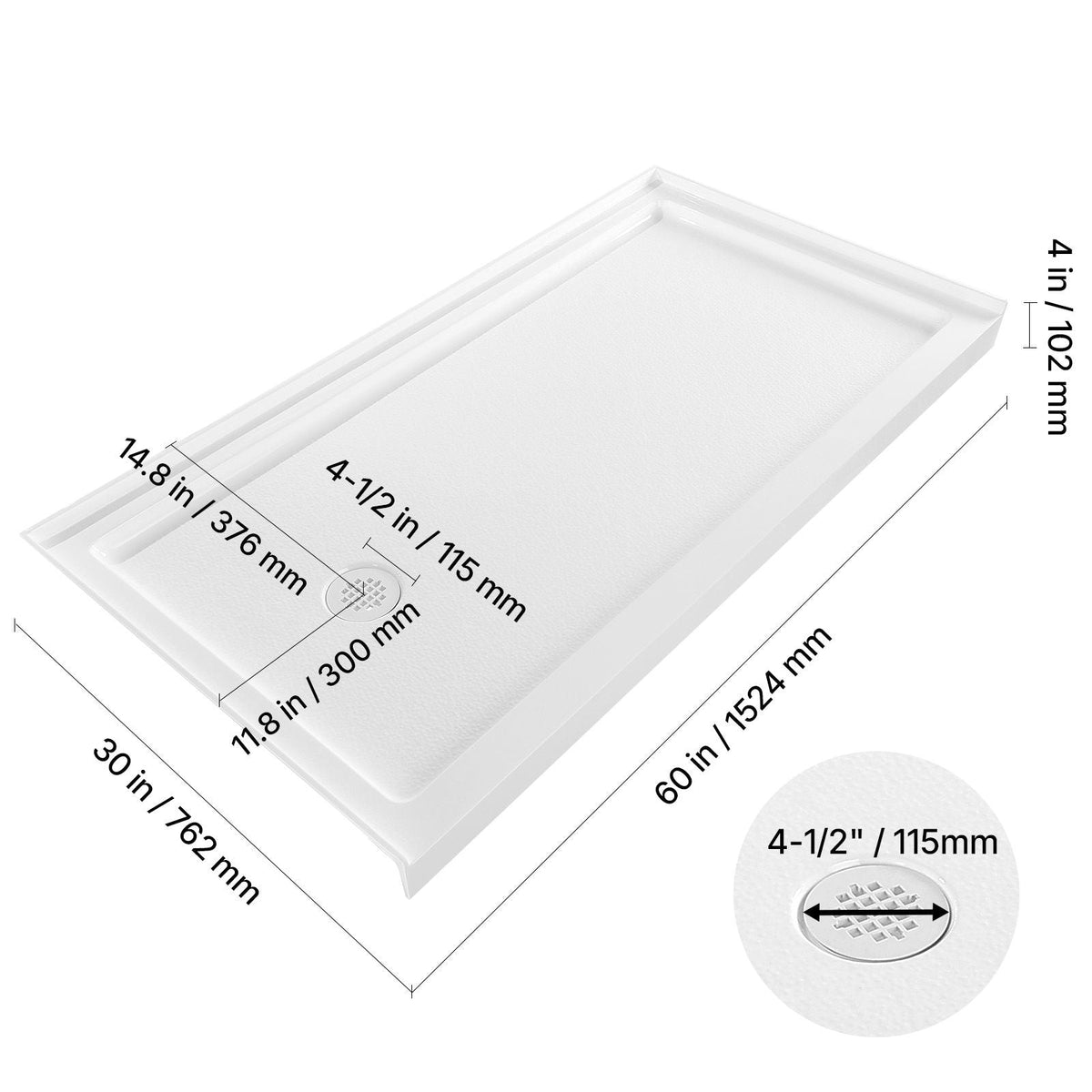 Shower Pan, 60″ L x 30″ W Single Threshold Shower Base, Rectangle Acrylic & PVC Showering Base in White, Slip-Resistant Showering Pan Bases with Drain & Cover for Bathroom, Left Drain Location