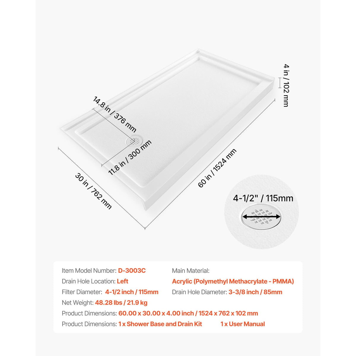 Shower Pan, 60″ L x 30″ W Single Threshold Shower Base, Rectangle Acrylic & PVC Showering Base in White, Slip-Resistant Showering Pan Bases with Drain & Cover for Bathroom, Left Drain Location