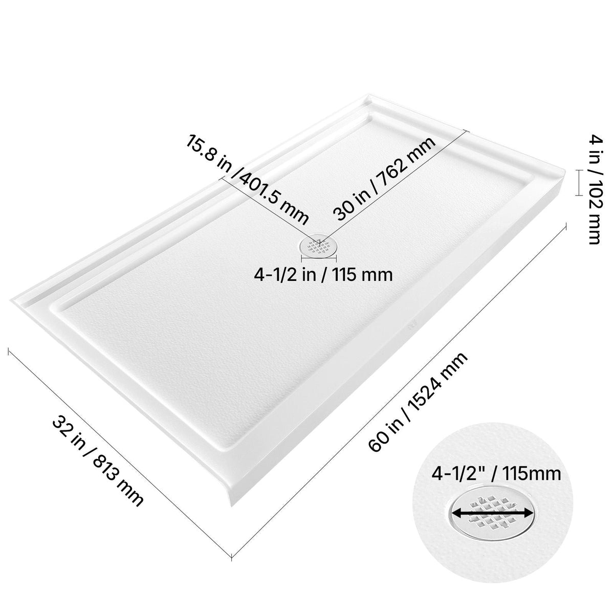 Shower Pan, 60″ L x 32″ W Single Threshold Shower Base, Rectangle Acrylic & PVC Showering Base in White, Slip-Resistant Showering Pan Bases with Drain & Cover for Bathroom, Center Drain Location