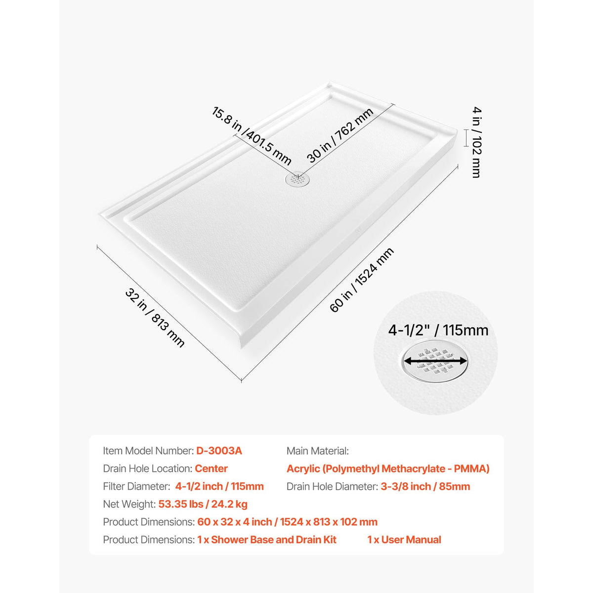 Shower Pan, 60″ L x 32″ W Single Threshold Shower Base, Rectangle Acrylic & PVC Showering Base in White, Slip-Resistant Showering Pan Bases with Drain & Cover for Bathroom, Center Drain Location