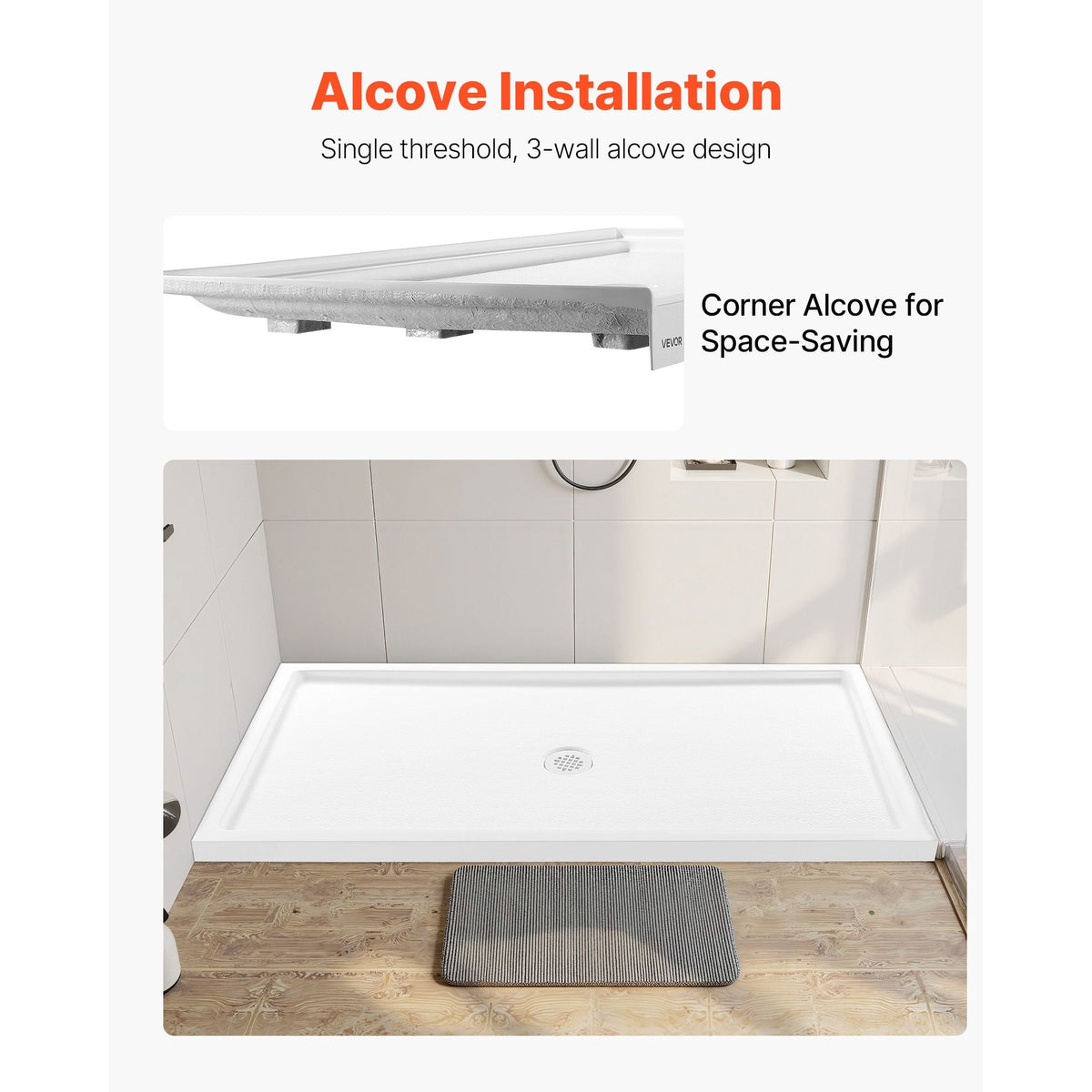 Shower Pan, 60″ L x 32″ W Single Threshold Shower Base, Rectangle Acrylic & PVC Showering Base in White, Slip-Resistant Showering Pan Bases with Drain & Cover for Bathroom, Center Drain Location