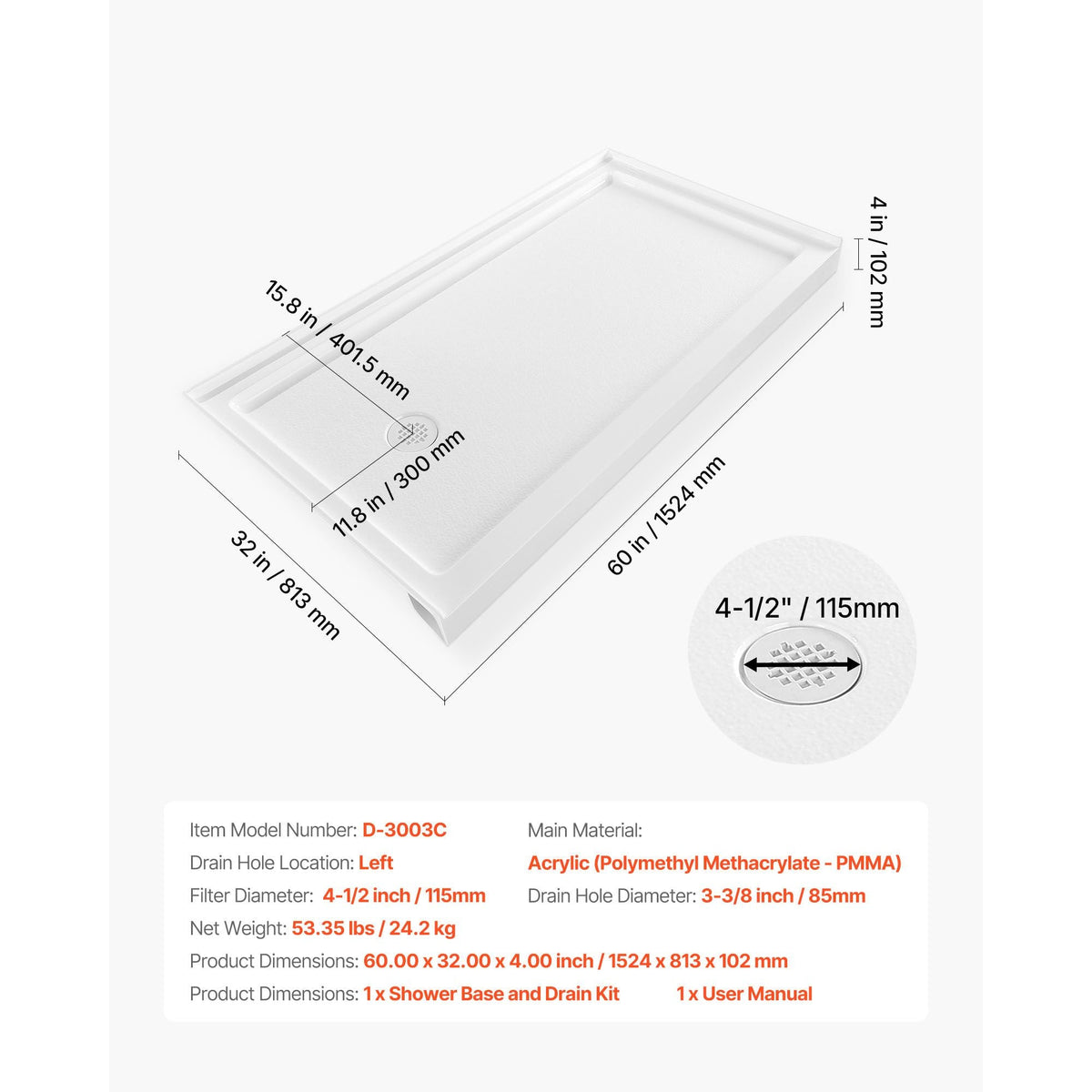 Shower Pan, 60″ L x 32″ W Single Threshold Shower Base, Rectangle Acrylic & PVC Showering Base in White, Slip-Resistant Showering Pan Bases with Drain & Cover for Bathroom, Left Drain Location