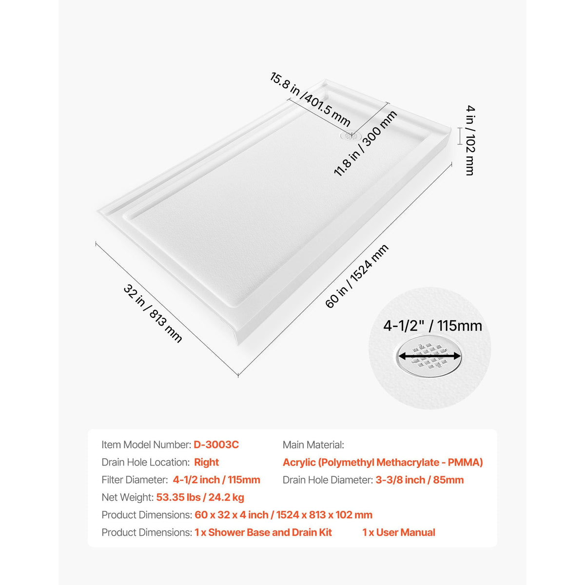 Shower Pan, 60″ L x 32″ W Single Threshold Shower Base, Rectangle Acrylic & PVC Showering Base in White, Slip-Resistant Showering Pan Bases with Drain & Cover for Bathroom, Right Drain Location