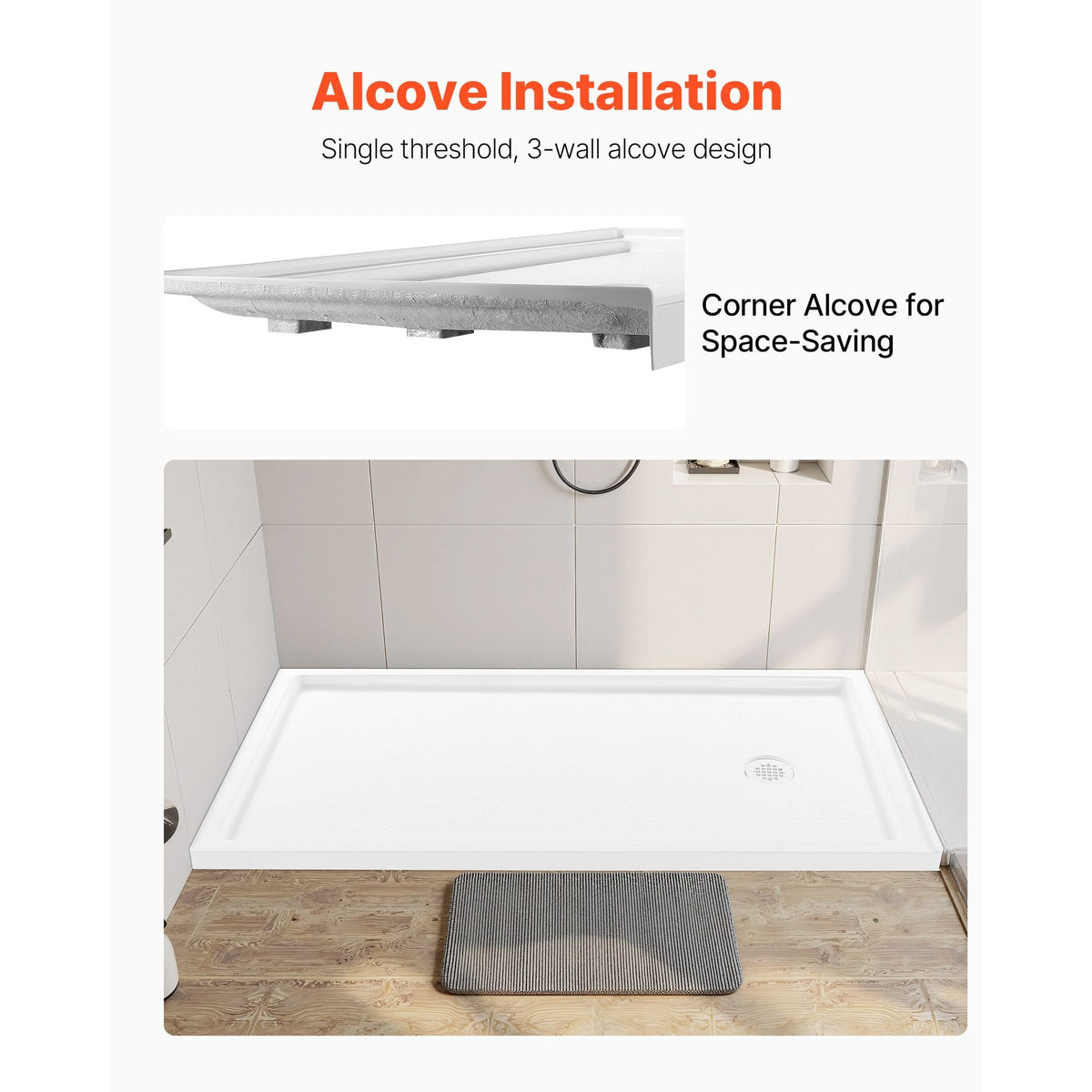 Shower Pan, 60″ L x 32″ W Single Threshold Shower Base, Rectangle Acrylic & PVC Showering Base in White, Slip-Resistant Showering Pan Bases with Drain & Cover for Bathroom, Right Drain Location