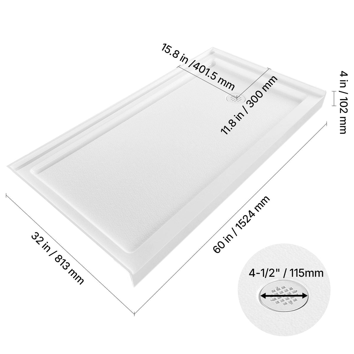 Shower Pan, 60″ L x 32″ W Single Threshold Shower Base, Rectangle Acrylic & PVC Showering Base in White, Slip-Resistant Showering Pan Bases with Drain & Cover for Bathroom, Right Drain Location