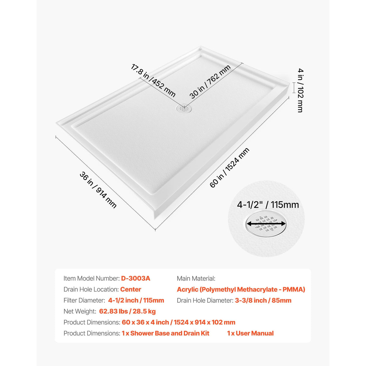 Shower Pan, 60″ L x 36″ W Single Threshold Shower Base, Rectangle Acrylic & PVC Showering Base in White, Slip-Resistant Showering Pan Bases with Drain & Cover for Bathroom, Center Drain Location